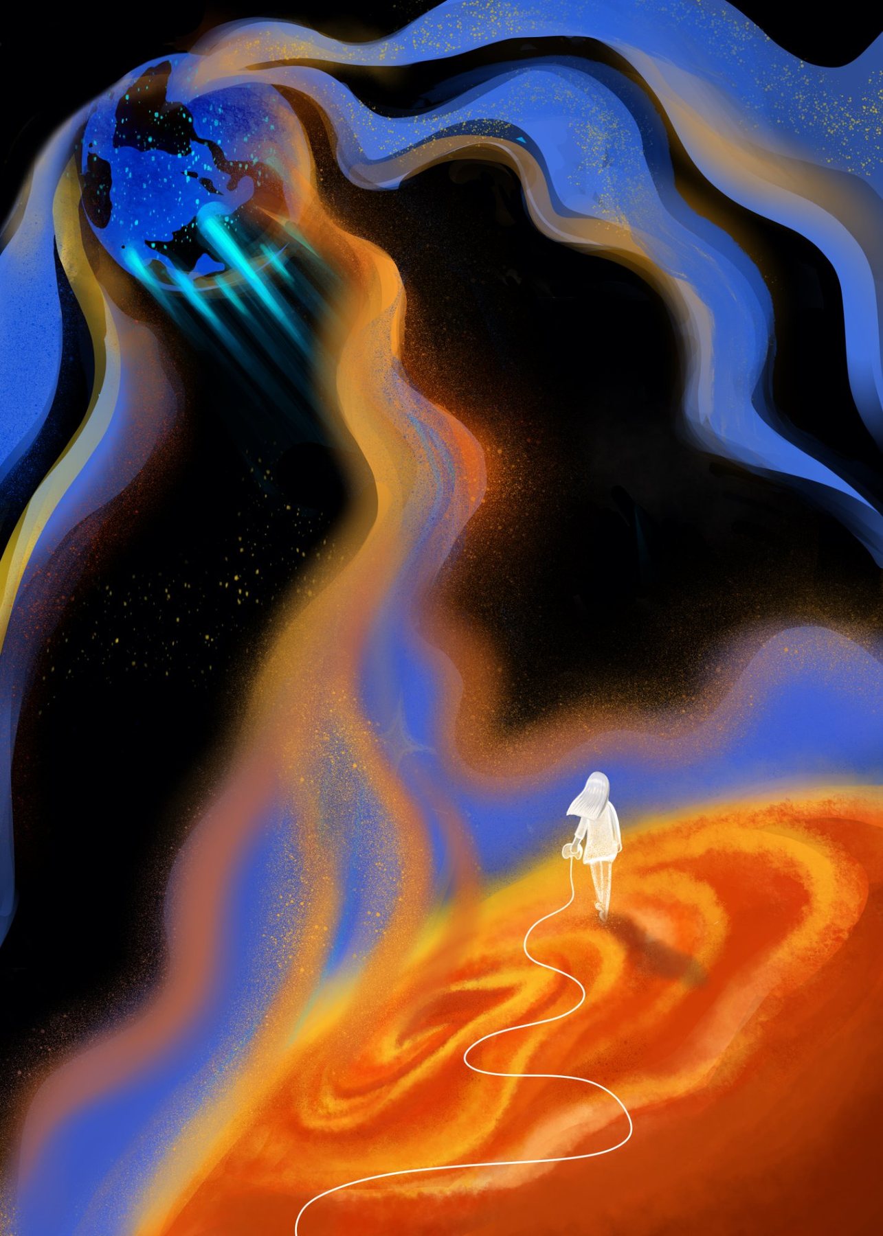 Digital painting: a small figure walking a winding white path across swirling orange and blue cosmic light